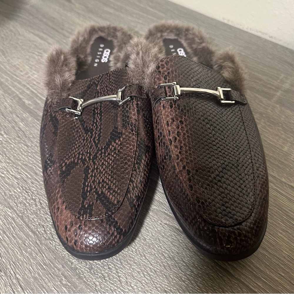 Asos Design Men Mule 9 Brown Snake Print Faux Leather Faux Fur Slip On